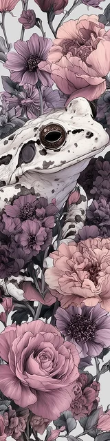 Free printable frog bookmark featuring pastel pink and purple flowers with white frog